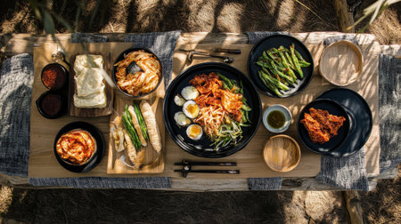 A vibrant Korean meal beautifully arranged on a wooden table outdoors. The spread includes various dishes, sides, and colorful ingredients that invite sharing and enjoyment.の素材
