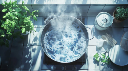 An overhead view of a pot on a stovetop with water boiling energetically, showcasing the bubbles and steam, with a focus on the kitchen setting.の素材
