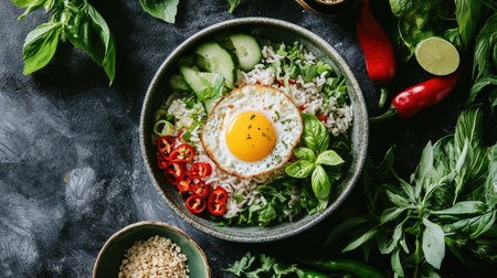 An appetizing shot of Thai basil fried rice with egg, served in a traditional Thai bowl, surrounded by fresh herbs and colorful vegetables, celebrating the flavors of Thai cuisine.の素材