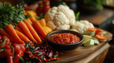 An elegant arrangement of raw vegetables with a bowl of chili paste, including carrots, bell peppers, and cauliflower, presented on a wooden serving board.の素材