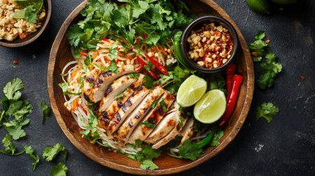 A beautiful presentation of som tam with grilled chicken on a wooden platter, garnished with fresh herbs, lime wedges, and chilies for a traditional Thai feast.の素材