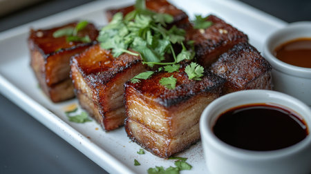 A beautifully arranged plate of crispy pork belly, garnished with fresh herbs and served alongside dipping sauces, showcasing the rich textures and flavors of this delicious dish.の素材