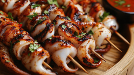 A close-up of grilled squid skewers with a smoky char and glistening glaze, served on a bamboo plate with dipping sauce and garnished with fresh herbs.の素材