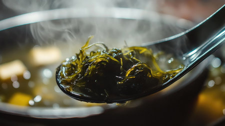 A close-up of a ladle filled with rich, steaming seaweed soup, with strands of seaweed and tofu visible, showcasing the dish's texture and inviting aroma.の素材