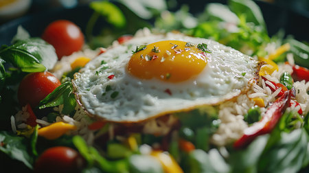 A close-up of a delicious serving of Thai basil fried rice, with a crispy fried egg resting on top, surrounded by fresh vegetables and herbs, showcasing the beauty of homemade Thai cuisine.の素材