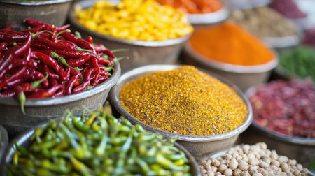 A close-up of fresh red and green chili peppers with droplets of water, emphasizing their freshness, alongside a variety of colorful spices in small bowls, ready for cooking.の素材