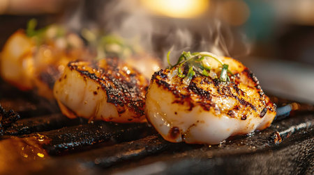 A close-up of perfectly grilled squid on a sizzling grill, with charred, crispy edges and a savory glaze, showcasing the mouthwatering details of the dish.の素材
