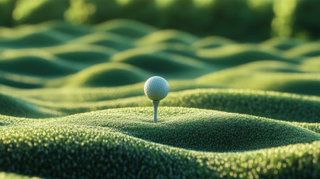 A close-up of a golf tee with a ball on it, set against a backdrop of a perfectly manicured fairway and a golf club positioned for the next shot.の素材
