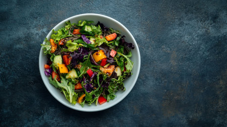 A vibrant and fresh salad featuring an array of colorful vegetables served in a bowl. Ideal for healthy meal prep and food photography.の素材
