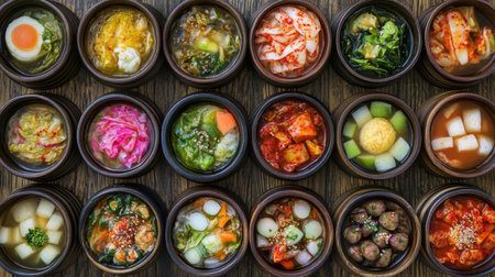 A vibrant array of assorted Korean side dishes presented in small bowls on a rustic wooden table, showcasing a range of flavors and ingredients.の素材