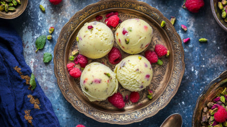 Delight in this creamy pistachio ice cream paired with fresh raspberries, elegantly served on a vintage tray. Perfect for summer gatherings, this dessert offers a visually stunning and delicious experience.の素材