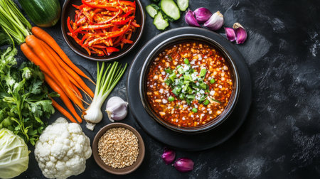 Vibrant arrangement of fresh vegetables and a steaming bowl of soup showcasing healthy ingredients perfect for a nutritious meal or cooking inspiration.の素材