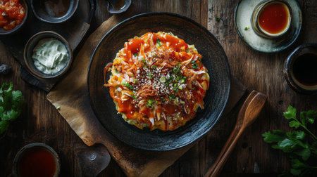 This image showcases a savory Japanese okonomiyaki topped with rich sauce, green onions, and sesame seeds, served on a rustic wooden table.の素材