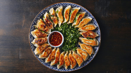 A beautifully arranged plate of golden dumplings, garnished with fresh herbs and served with a savory dipping sauce, perfect for sharing at any gathering.の素材
