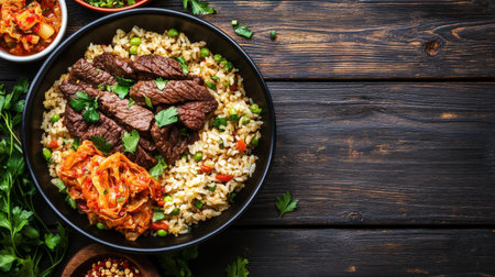A vibrant bowl of stir-fried beef served over rice, paired with tangy kimchi. This rustic presentation emphasizes freshness and flavor, perfect for meal inspiration.の素材