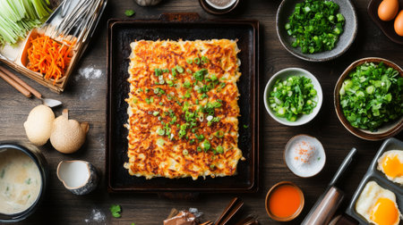 A vibrant arrangement of a savory pancake topped with chopped green onions, surrounded by fresh ingredients and kitchen tools, showcasing cooking preparation.の素材