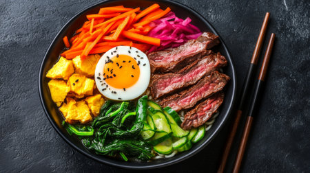 A vibrant Asian meal featuring a bowl of rice topped with beef, an egg, fresh vegetables, and artistic presentation. Perfect for healthy eating.の素材