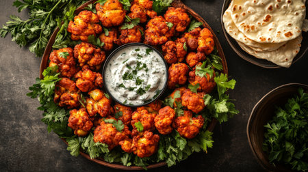 A vibrant platter featuring spicy cauliflower bites surrounded by fresh herbs and a creamy yogurt dip. Perfect for gatherings and sharing among friends.の素材
