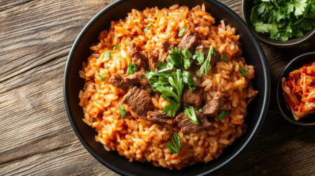 A vibrant bowl of savory beef rice topped with fresh herbs, showcasing delicious flavor and enticing color, perfect for any meal setting.の素材