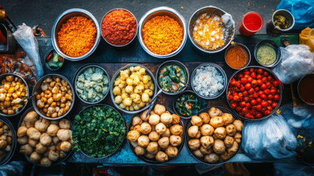 An overhead view of a vibrant street food display featuring a variety of colorful ingredients and dishes in bowls. Perfect for showcasing culinary culture.の素材