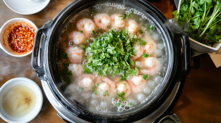 A vibrant hot pot filled with fresh shrimp, aromatic herbs, and spices. The steam rises, creating a warm atmosphere perfect for sharing a delightful meal.の素材