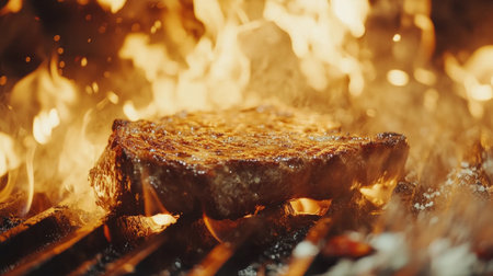 A close-up shot of a juicy steak sizzling on a hot grill, with flames licking the edges and mouthwatering juices escaping, showcasing the art of barbecue cooking.の素材