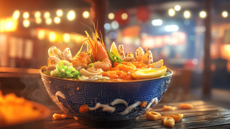 A delicious ramen bowl featuring seafood toppings like shrimp and squid, artfully arranged in the broth, with a blurred background of a traditional Japanese setting for an authentic feel.の素材