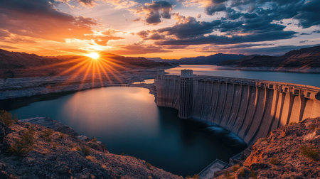 A dramatic sunset shot of a large dam and reservoir, with the setting sun casting warm hues over the water and the dam's towering structure.の素材