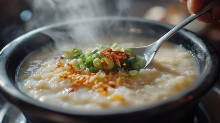 A close-up shot of a spoon scooping hot rice porridge from a bowl, with steam rising and fresh ginger, green onions, and chili flakes sprinkled on top.の素材