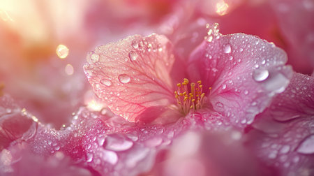 A close-up shot of cherry blossoms with droplets of morning dew on the petals, capturing the delicate beauty of the flowers in soft, natural light.の素材