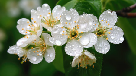 A close-up shot of cherry blossoms with droplets of morning dew on the petals, capturing the delicate beauty of the flowers in soft, natural light.の素材