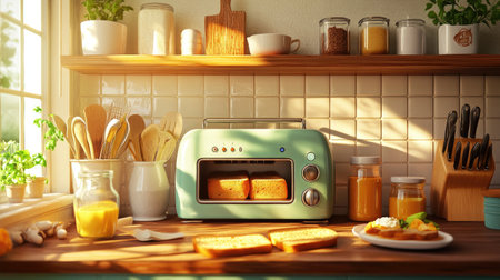 A cozy kitchen scene with a toaster in action, ejecting slices of perfectly golden bread, surrounded by a variety of toppings and spreads, capturing the joy of making breakfast.の素材