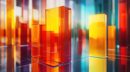 A creative composition featuring multiple D bar charts on a glass surface, reflecting light and colors, symbolizing complex data analysis and decision-making processes in a corporate environment.の素材