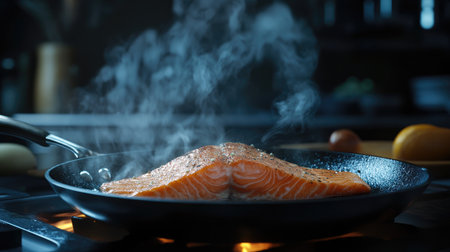 A dynamic cooking scene featuring a chef skillfully searing salmon in a hot skillet, with sizzling sounds and steam creating an enticing atmosphere in a modern kitchen.の素材