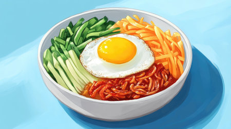 A colorful bowl of bibimbap with a perfectly fried egg on top, surrounded by an array of fresh vegetables and spicy gochujang, embodying the balance and harmony in Korean flavors.の素材