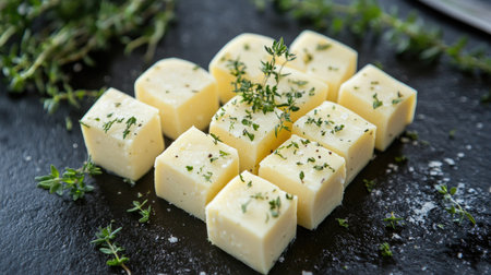 A creative shot of cheese cubes arranged in the shape of a heart, garnished with fresh herbs, presenting a romantic touch perfect for date nights or special occasions.の素材