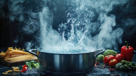 A dynamic image of a pot with boiling water, with steam swirling around and kitchen ingredients like pasta or vegetables ready to be added.の素材