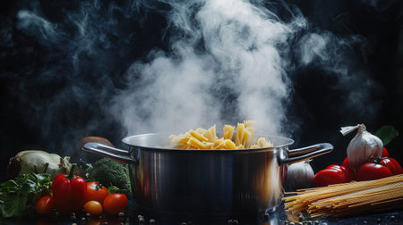 A dynamic image of a pot with boiling water, with steam swirling around and kitchen ingredients like pasta or vegetables ready to be added.の素材