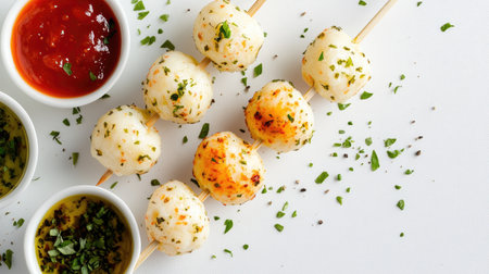 A creative shot of cheese balls on a skewer, garnished with fresh herbs and served alongside colorful dipping sauces, all set against a bright white background for a modern presentation.の素材