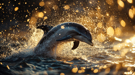 A dramatic shot of a dolphin making a splash as it dives back into the ocean, with droplets of water catching the sunlight in a sparkling display.の素材