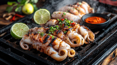 A dynamic shot of grilled squid being served directly from the grill, with steam rising and a side of fresh lime slices and dipping sauces for added flavor.の素材