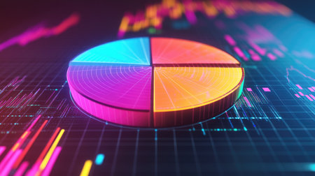 A dynamic D pie chart with vibrant sections, hovering above a grid background with digital data and percentages, representing a breakdown of business performance.の素材