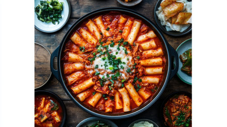 A vibrant serving of Korean tteokbokki featuring rice cakes drenched in spicy sauce and topped with melted cheese, surrounded by various side dishes.の素材