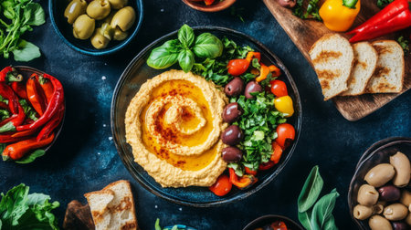 A vibrant Mediterranean food spread featuring creamy hummus, fresh vegetables, and assorted olives, perfect for a healthy snack or gourmet meal idea.の素材