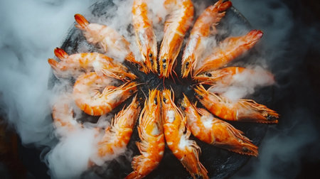 A stunning overhead view of grilled orange shrimp arranged on a smoky plate, emitting steam. Perfect for showcasing gourmet seafood dishes and culinary art.の素材