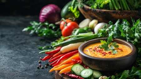 A vibrant display of fresh vegetables arranged around a bowl of spicy sauce, showcasing an enticing array of colors for a healthy culinary experience.の素材