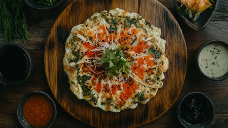 A beautifully presented culinary dish featuring vibrant toppings on a wooden plate, perfect for showcasing exquisite flavors and fresh ingredients in a dining setting.の素材