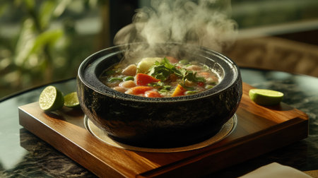 A steaming bowl of vibrant soup filled with fresh vegetables and herbs, served in a traditional black stone bowl. Perfect for food lovers.の素材
