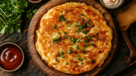 A beautifully cooked golden omelette garnished with fresh herbs presents a delightful culinary experience. Perfect for breakfast or brunch.の素材