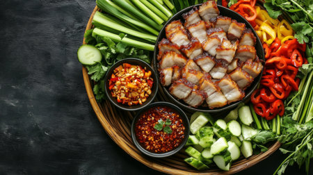 A vibrant platter showcasing sliced meat, fresh vegetables, and flavorful sauces. Ideal for culinary enthusiasts seeking colorful presentation and healthy options.の素材